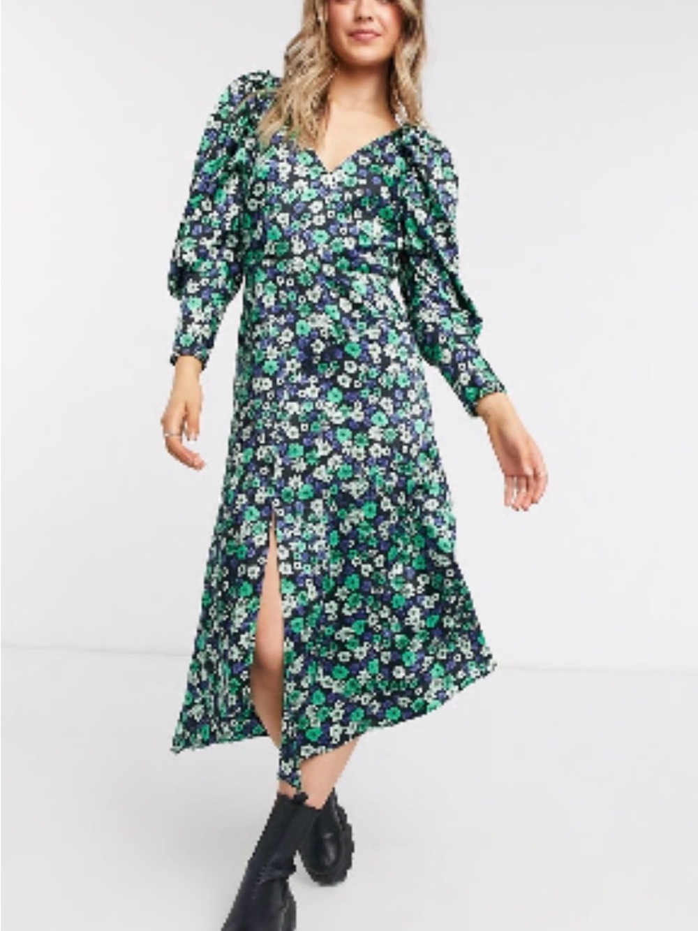 Topshop Floral Puff Sleeve Midi Dress US 4 Green Blue Cottagecore Boho Chic